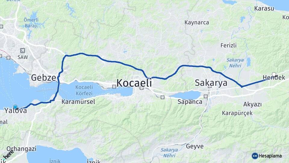 Yalova Hendek Sakarya Arası Kaç Km - Yol Haritası