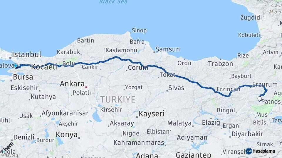 Yalova Hınıs Erzurum Arası Kaç Km - Yol Haritası