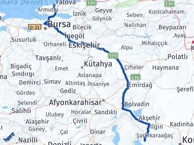 Yalova Hüyük Konya Arası Kaç Km - Yol Haritası