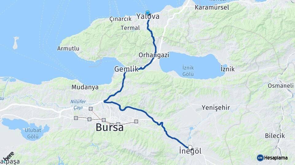 Yalova İnegöl Bursa Arası Kaç Km - Yol Haritası