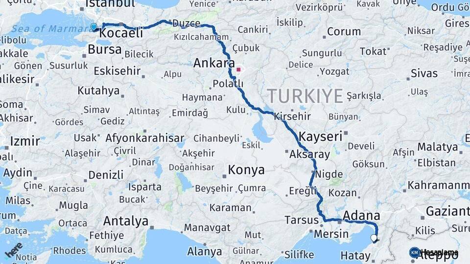 Yalova İskenderun Hatay Arası Kaç Km - Yol Haritası