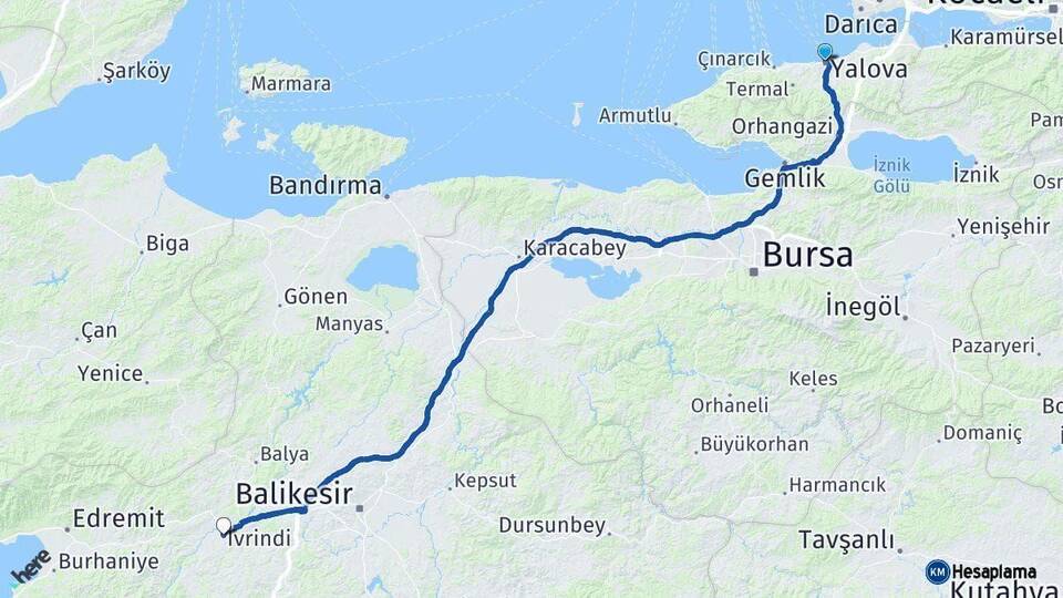 Yalova İvrindi Balıkesir Arası Kaç Km - Yol Haritası
