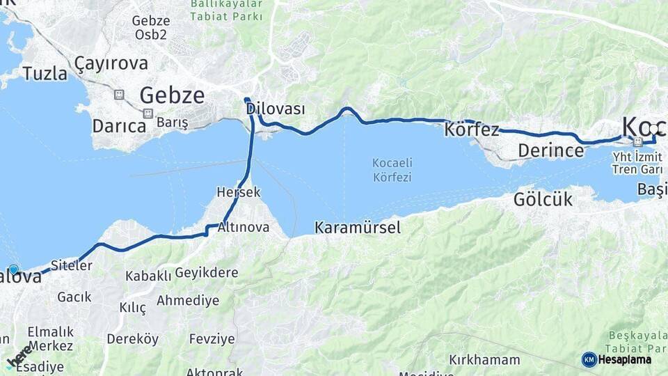 Yalova İzmit Kocaeli Arası Kaç Km - Yol Haritası