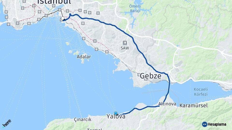 Yalova Kadıköy İstanbul Arası Kaç Km - Yol Haritası