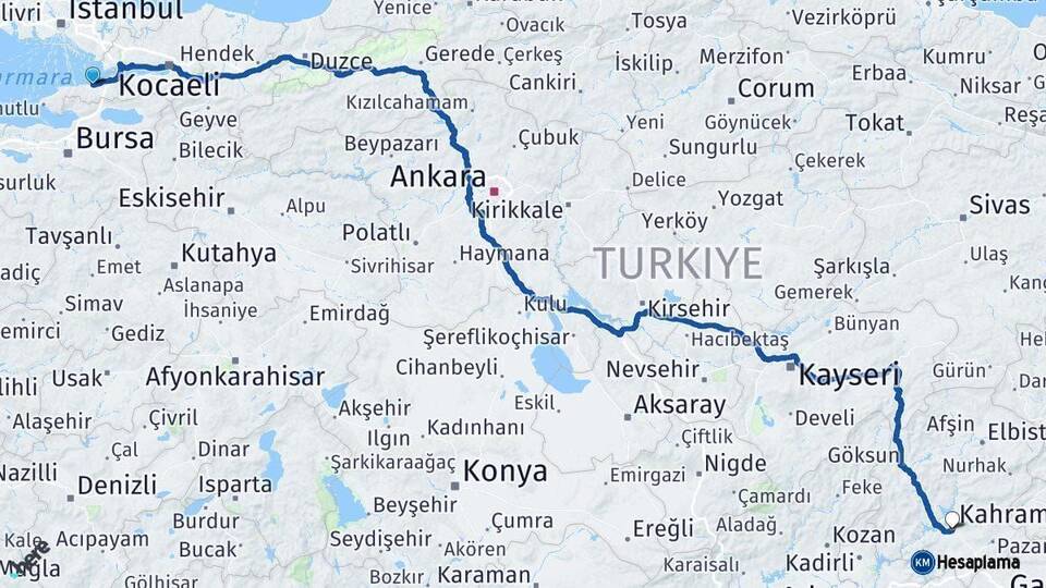 Yalova Kahramanmaraş Arası Kaç Km - Yol Haritası