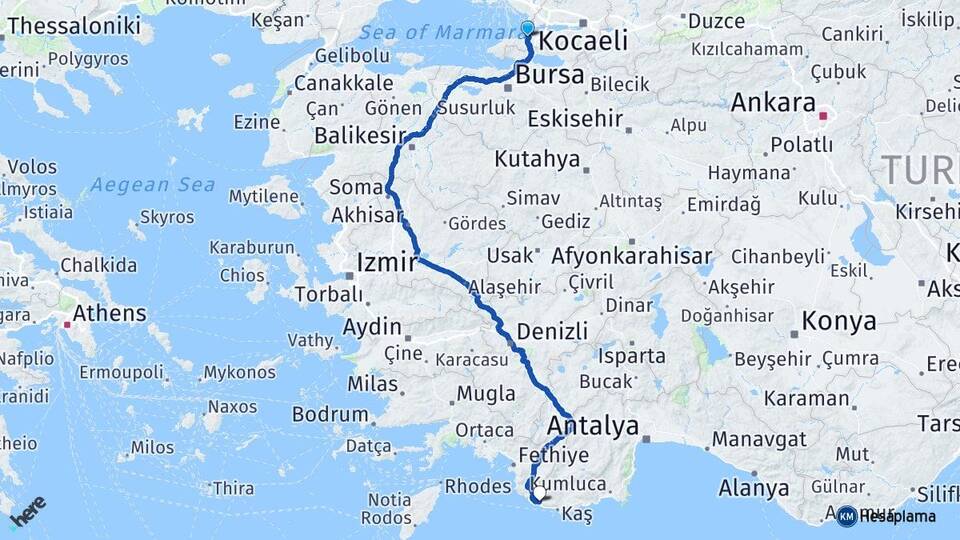 Yalova Kalkan Kaş Antalya Arası Kaç Km - Yol Haritası
