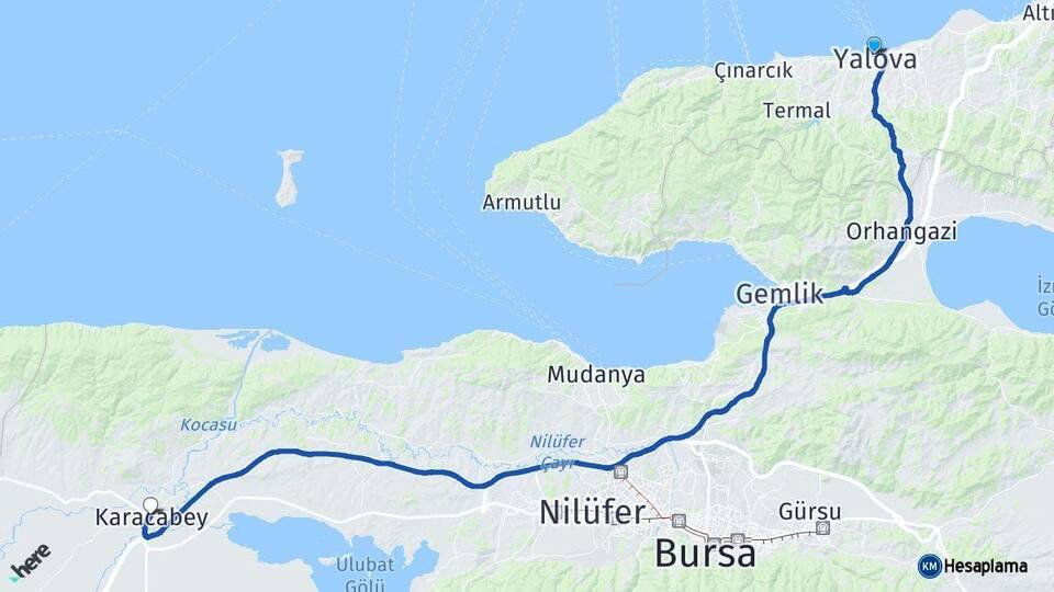 Yalova Karacabey Bursa Arası Kaç Km - Yol Haritası