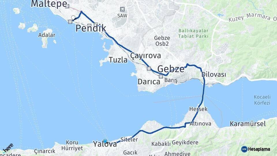 Yalova Kartal İstanbul Arası Kaç Km - Yol Haritası