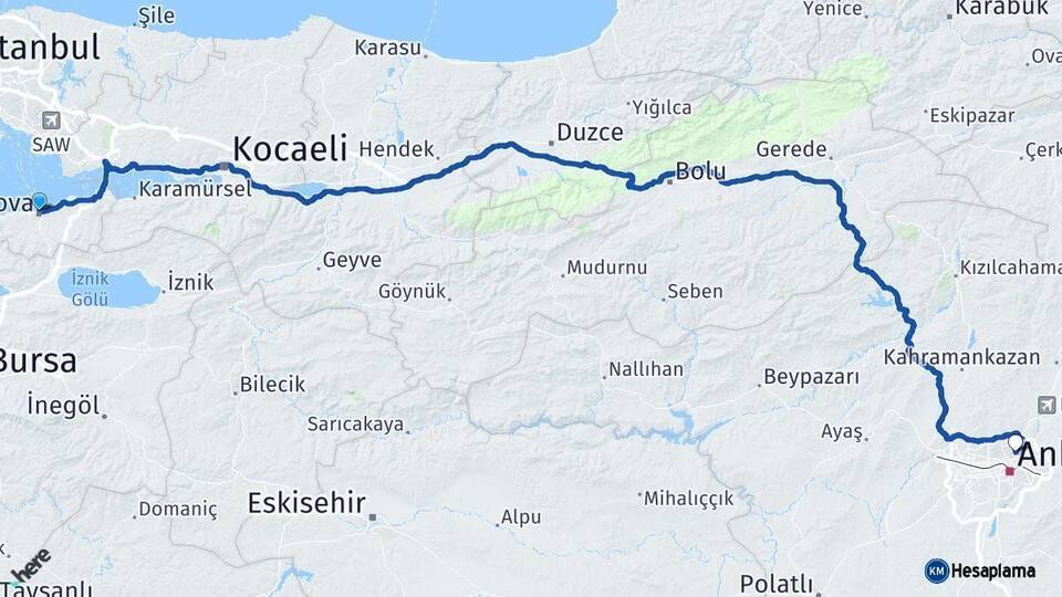 Yalova Keçiören Ankara Arası Kaç Km - Yol Haritası