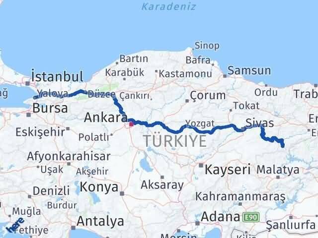 Yalova Kemaliye Erzincan Arası Kaç Km - Yol Haritası