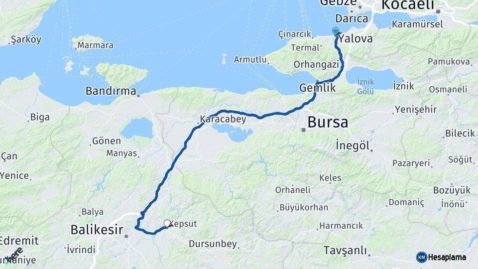 Yalova Kepsut Arası Kaç Km - Yol Tarifi