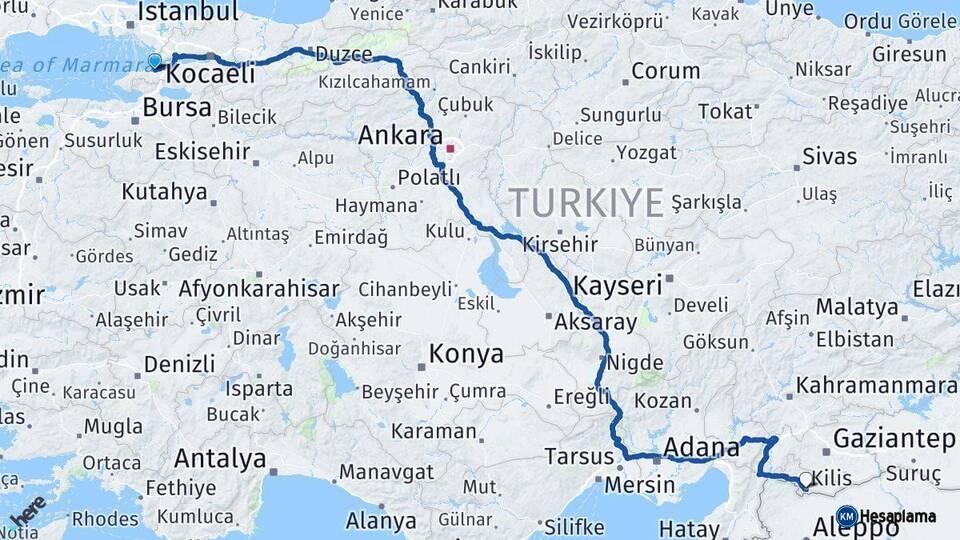 Yalova Kilis Arası Kaç Km - Yol Haritası