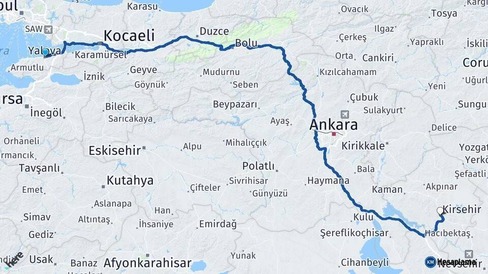 Yalova Kırşehir Arası Kaç Km - Yol Haritası