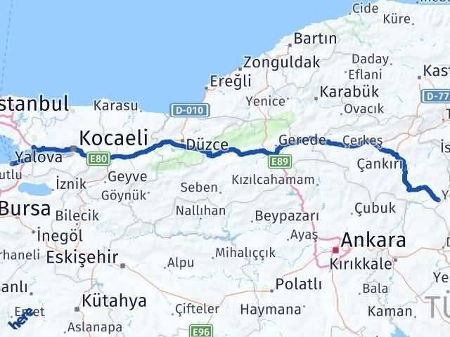 Yalova Kızılırmak Çankırı Arası Kaç Km - Yol Haritası