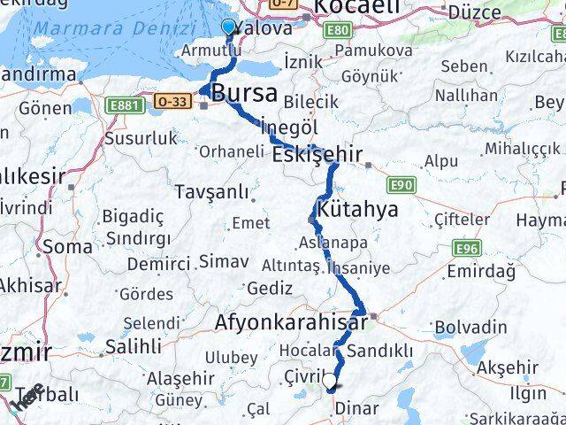 Yalova Kızılören Afyonkarahisar Arası Kaç Km - Yol Haritası