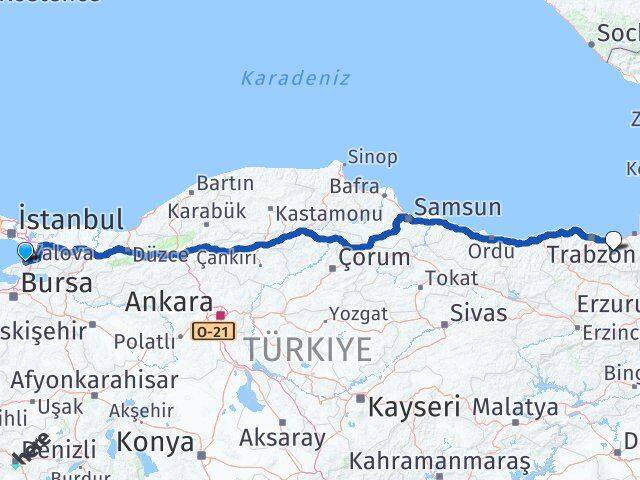 Yalova Köprübaşı Trabzon Arası Kaç Km - Yol Haritası