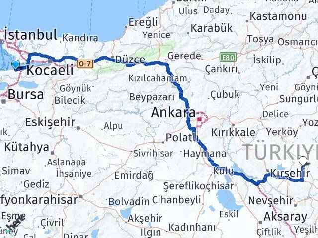 Yalova Kozaklı Nevşehir Arası Kaç Km - Yol Haritası