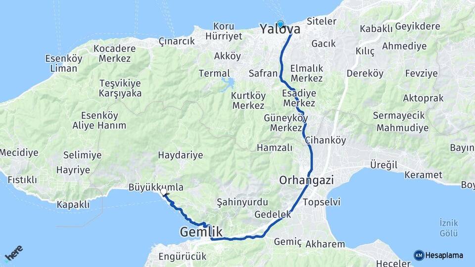 Yalova Kumla Gemlik Bursa Arası Kaç Km - Yol Haritası