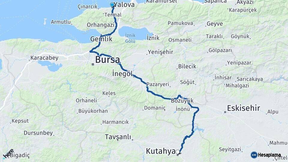 Yalova Kütahya Arası Kaç Km - Yol Haritası