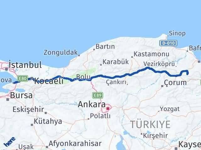Yalova Ladik Samsun Arası Kaç Km - Yol Haritası