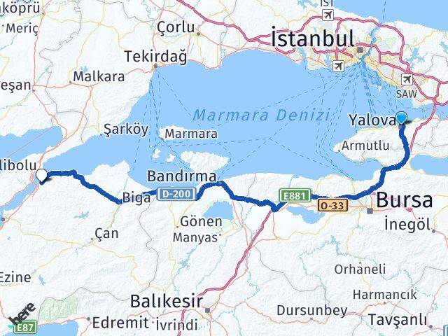 Yalova Lapseki Çanakkale Arası Kaç Km - Yol Haritası