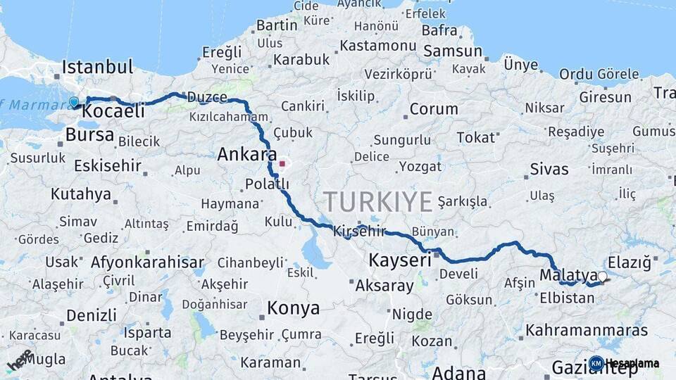 Yalova Malatya Arası Kaç Km - Yol Haritası