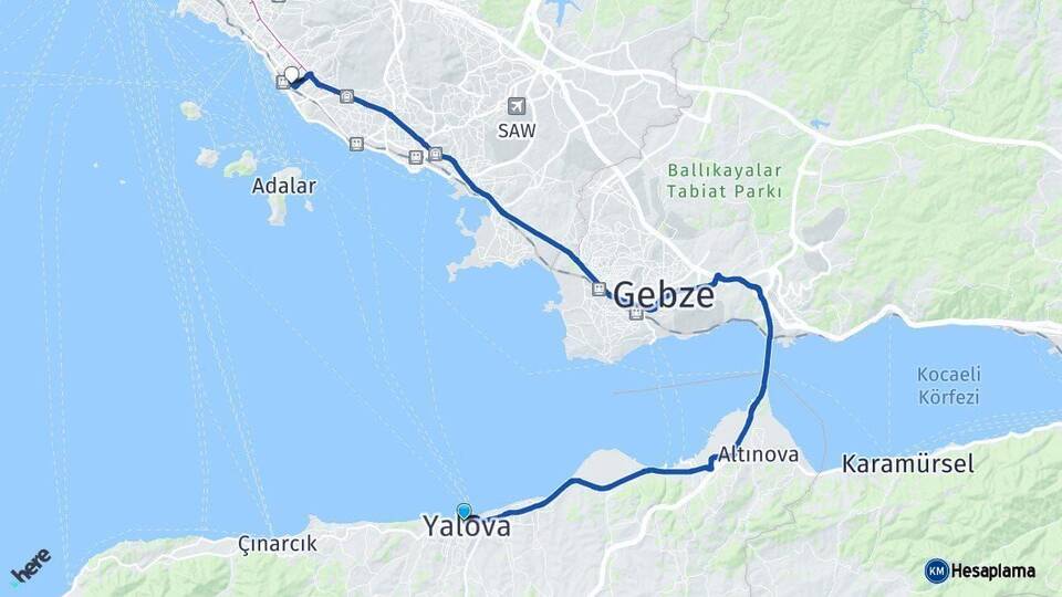 Yalova Maltepe İstanbul Arası Kaç Km - Yol Haritası