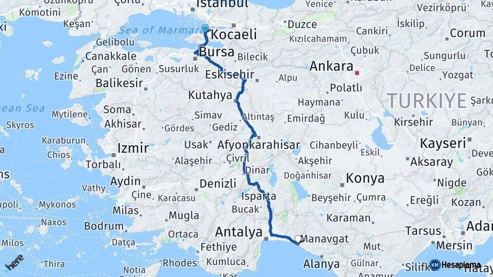 Yalova Manavgat Antalya Arası Kaç Km - Yol Haritası