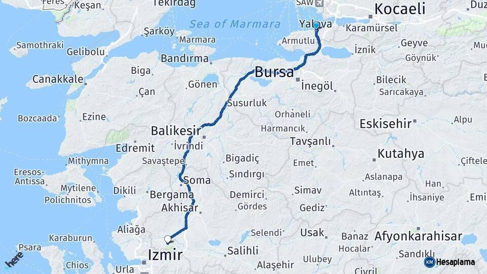 Yalova Manisa Arası Kaç Km - Yol Haritası
