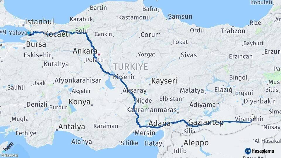 Yalova Mardin Arası Kaç Km - Yol Haritası