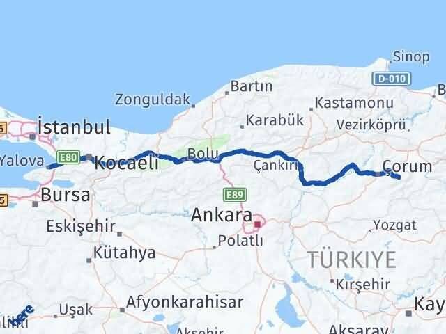 Yalova Mecitözü Çorum Arası Kaç Km - Yol Haritası