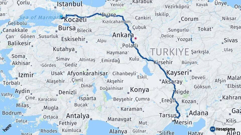 Yalova Mersin Arası Kaç Km - Yol Haritası