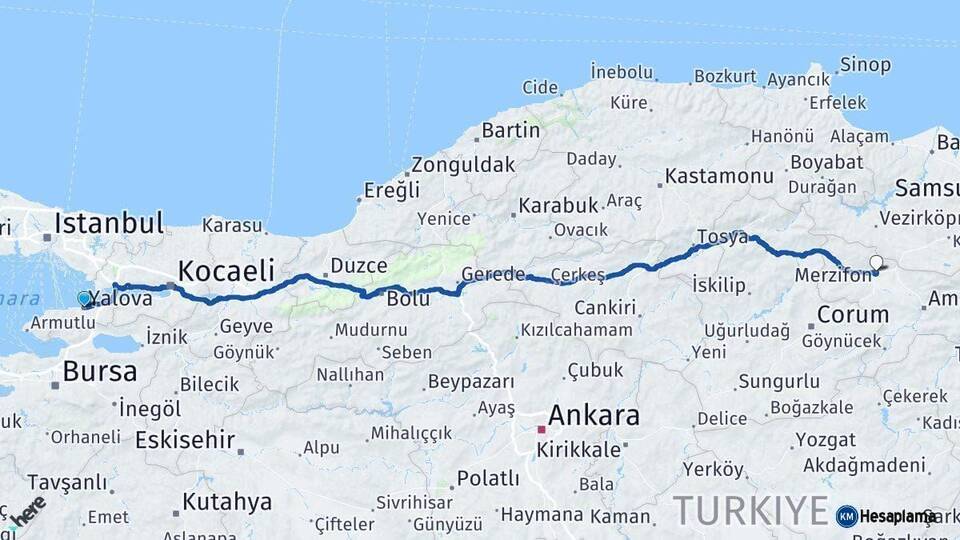 Yalova Merzifon Amasya Arası Kaç Km - Yol Haritası