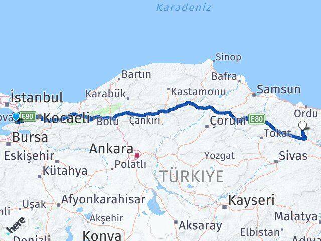 Yalova Mesudiye Ordu Arası Kaç Km - Yol Haritası