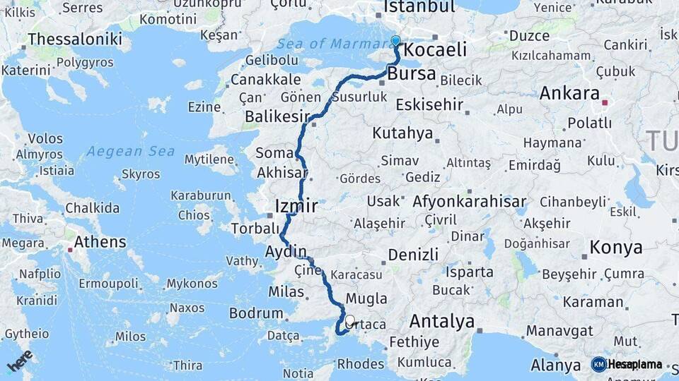 Yalova Muğla Arası Kaç Km - Yol Haritası