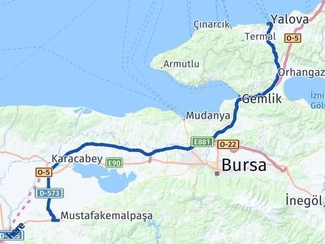 Yalova Mustafakemalpaşa Bursa Arası Kaç Km - Yol Haritası