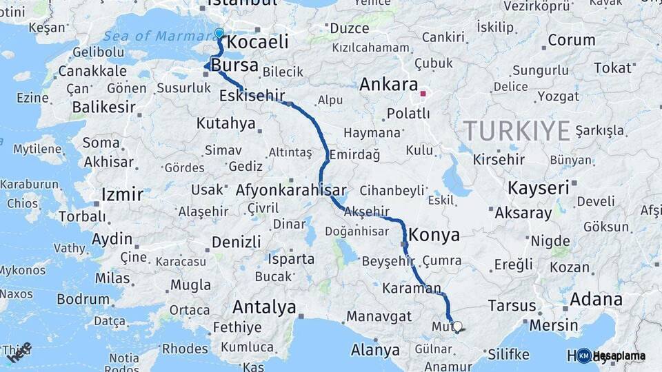 Yalova Mut Mersin Arası Kaç Km - Yol Haritası