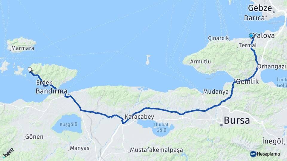 Yalova Narlı Erdek Balıkesir Arası Kaç Km - Yol Haritası
