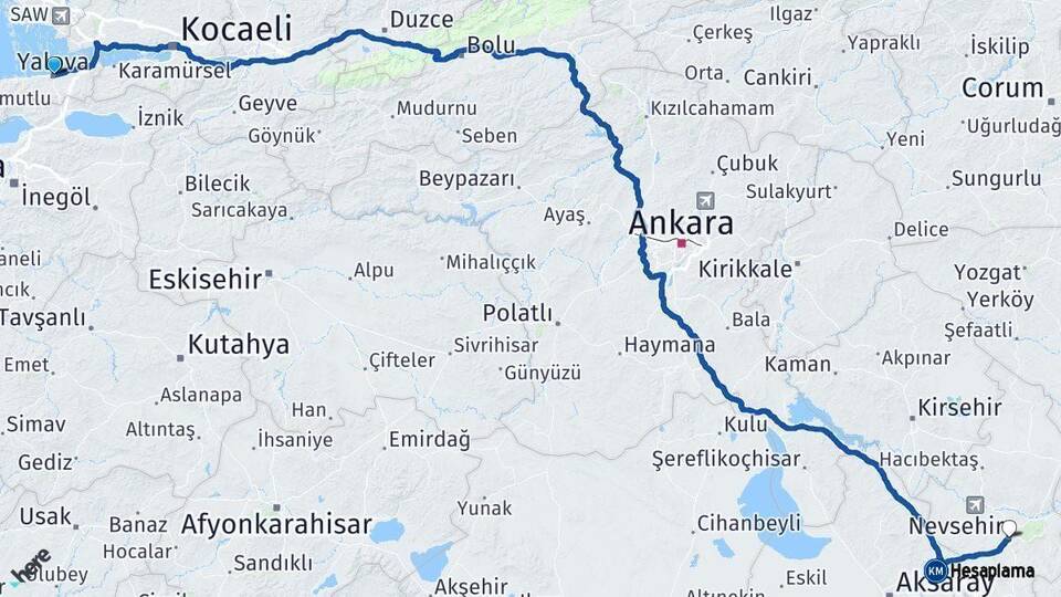Yalova Nevşehir Arası Kaç Km - Yol Haritası