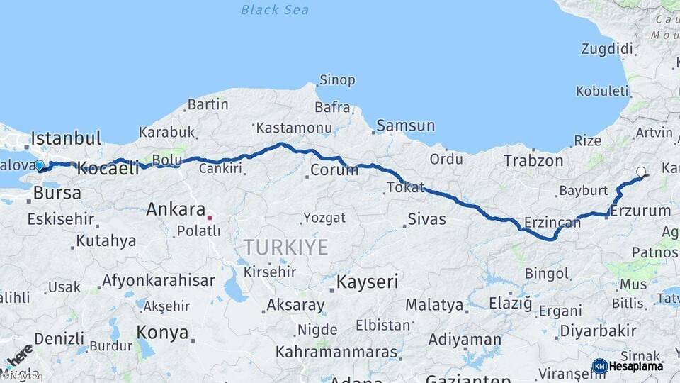 Yalova Oltu Erzurum Arası Kaç Km - Yol Haritası