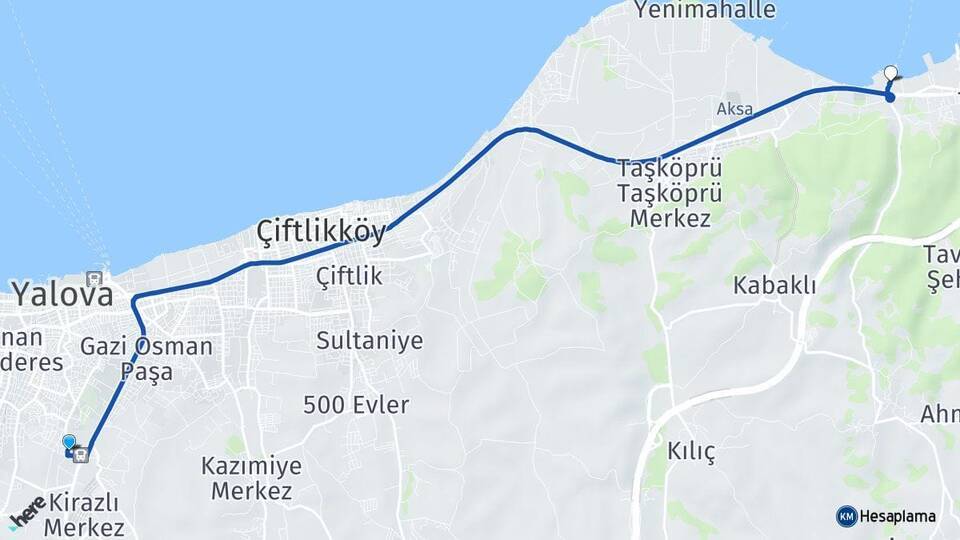 Yalova Otogarı Topçular Feribot İskelesi Arası Kaç Km - Yol Tarifi