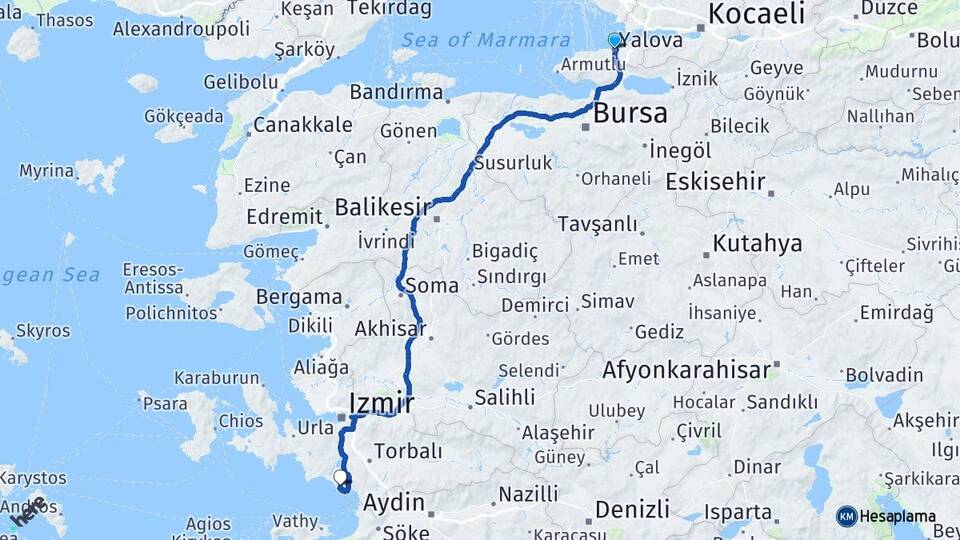 Yalova Özdere Cumhuriyet Menderes İzmir Arası Kaç Km - Yol Haritası