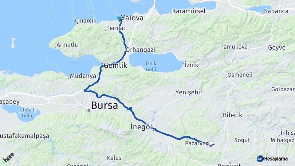 Yalova Pazaryeri Bilecik Arası Kaç Km - Yol Haritası