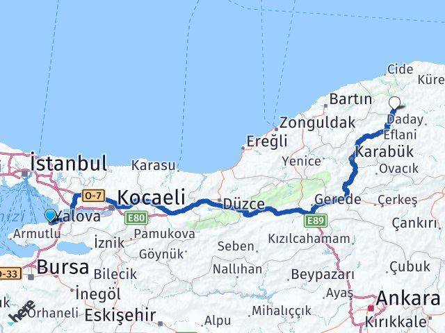 Yalova Pınarbaşı Kastamonu Arası Kaç Km - Yol Haritası