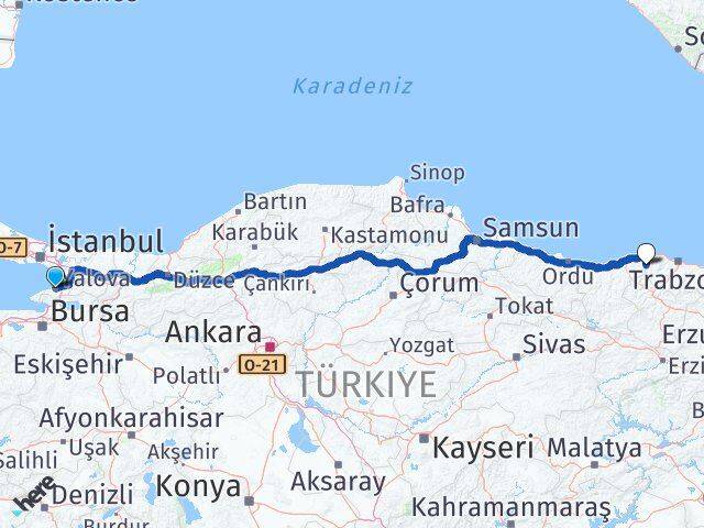 Yalova Şalpazarı Trabzon Arası Kaç Km - Yol Haritası