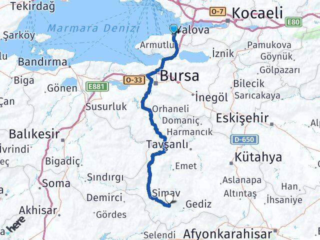 Yalova Şaphane Kütahya Arası Kaç Km - Yol Haritası