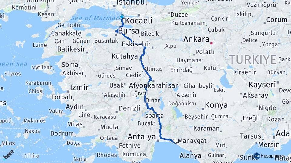 Yalova Side Manavgat Antalya Arası Kaç Km - Yol Haritası