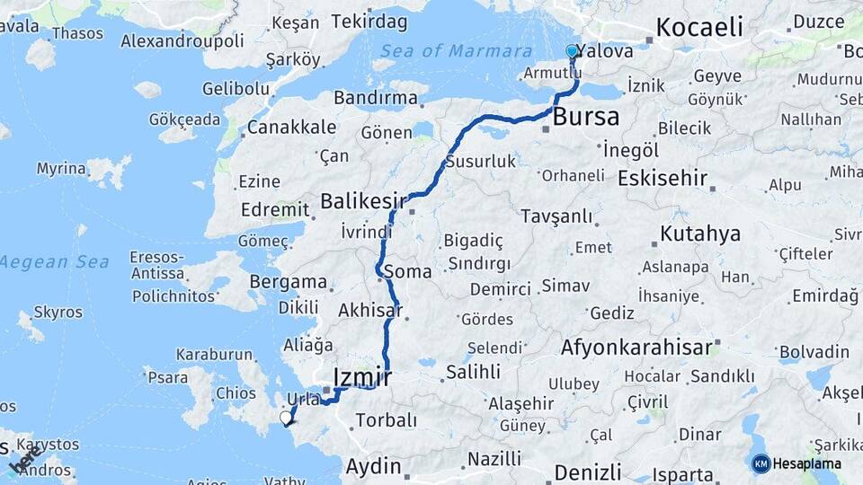 Yalova Sığacık Seferihisar İzmir Arası Kaç Km - Yol Haritası