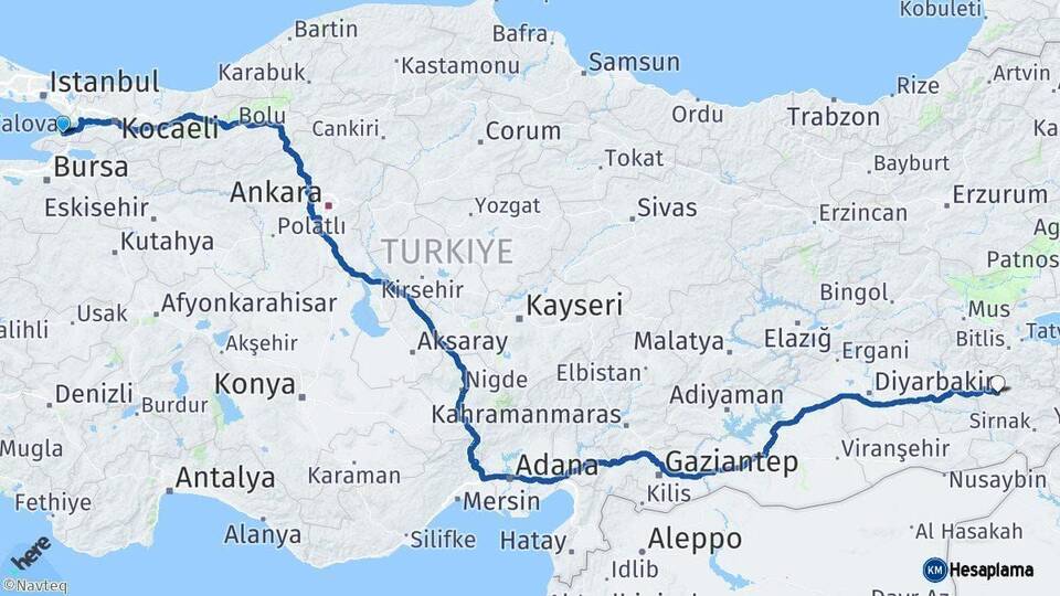 Yalova Siirt Arası Kaç Km - Yol Haritası