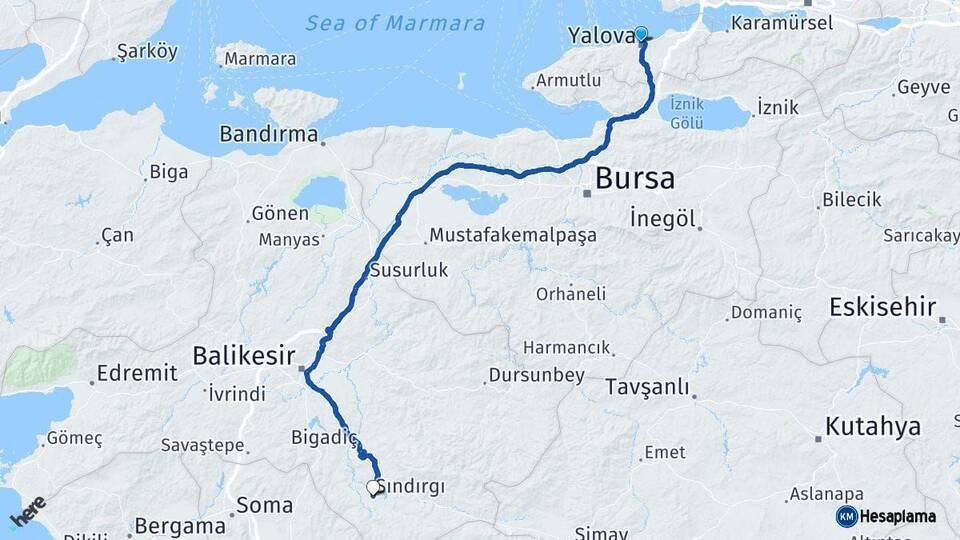 Yalova Sındırgı Balıkesir Arası Kaç Km - Yol Haritası